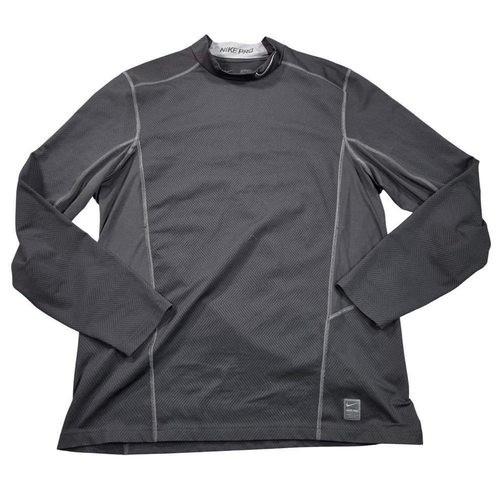 Nike Pro Dri-FIT Shirt Mens XXL Gray Herringbone Mock Neck Fitted Long Sleeve